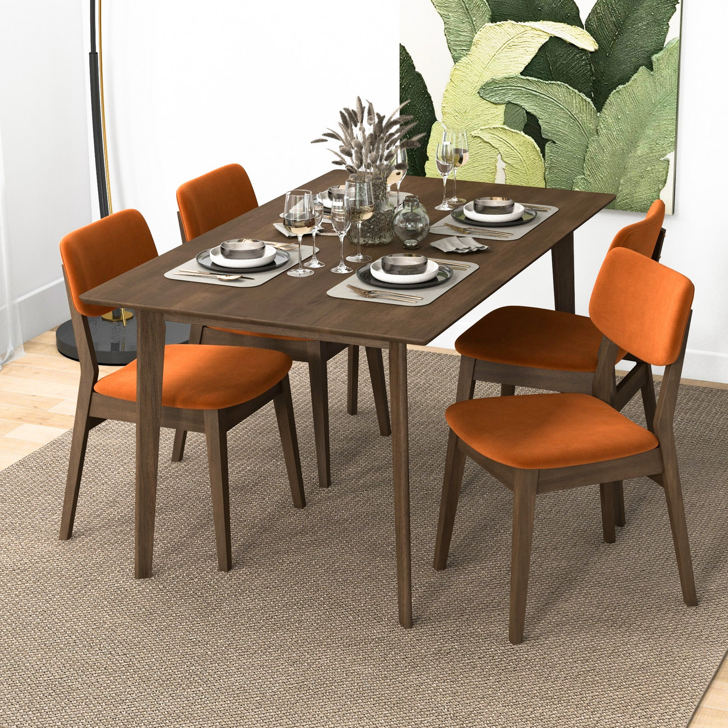 Carlos Mid-Century Modern Burnt Orange Velvet Solid Back Side Chair   Set Of 2  , Solid Wood, 32.3  H X 20.9  W X 19.3  D Fabric Upholstered Kitchen Side Chairs