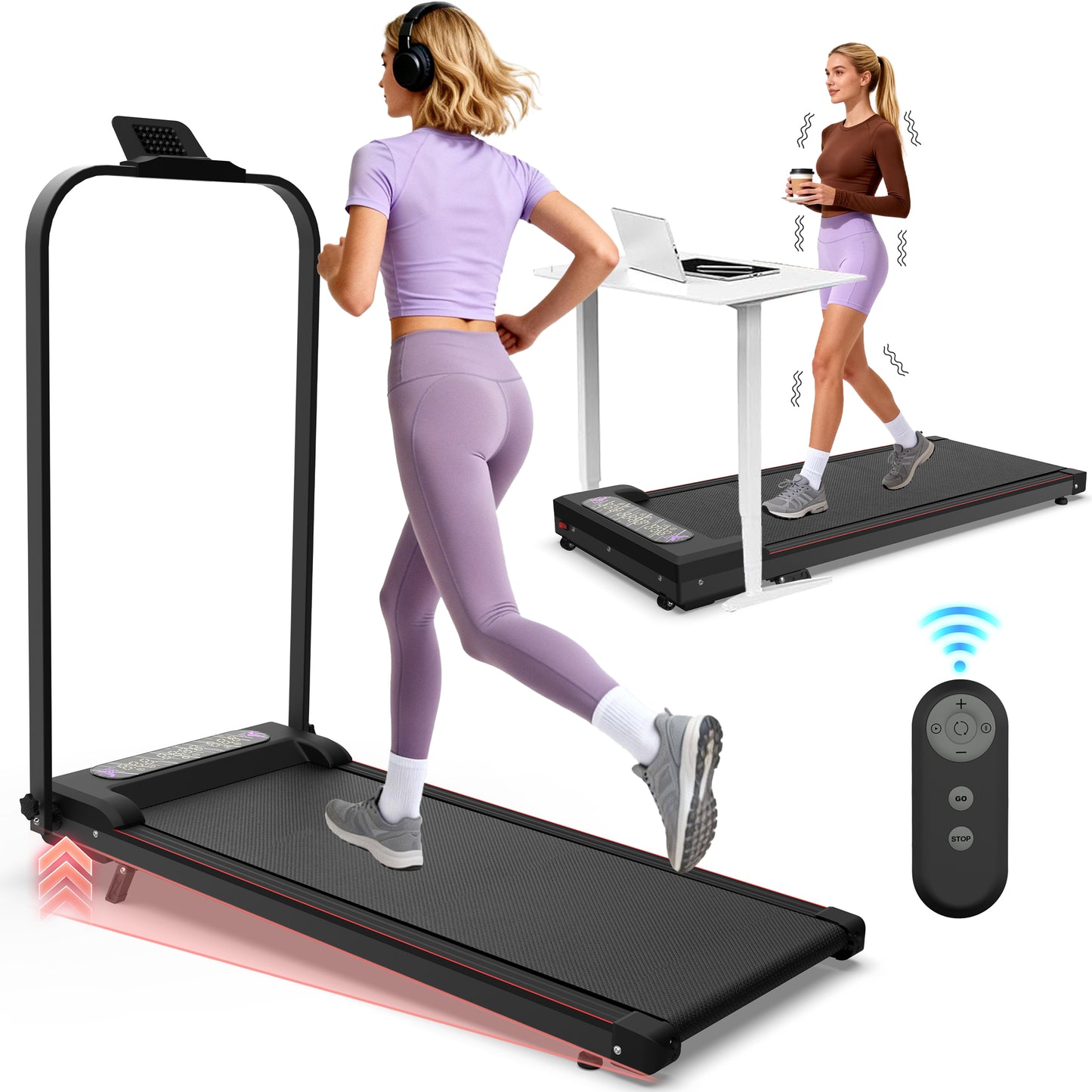 Foldable Treadmill With Handle Bar & Incline, 2 In 1 Upgrade Portable Under Desk Walking Pad And Vibration Pad With Remote Control For Home Office Small Spaces