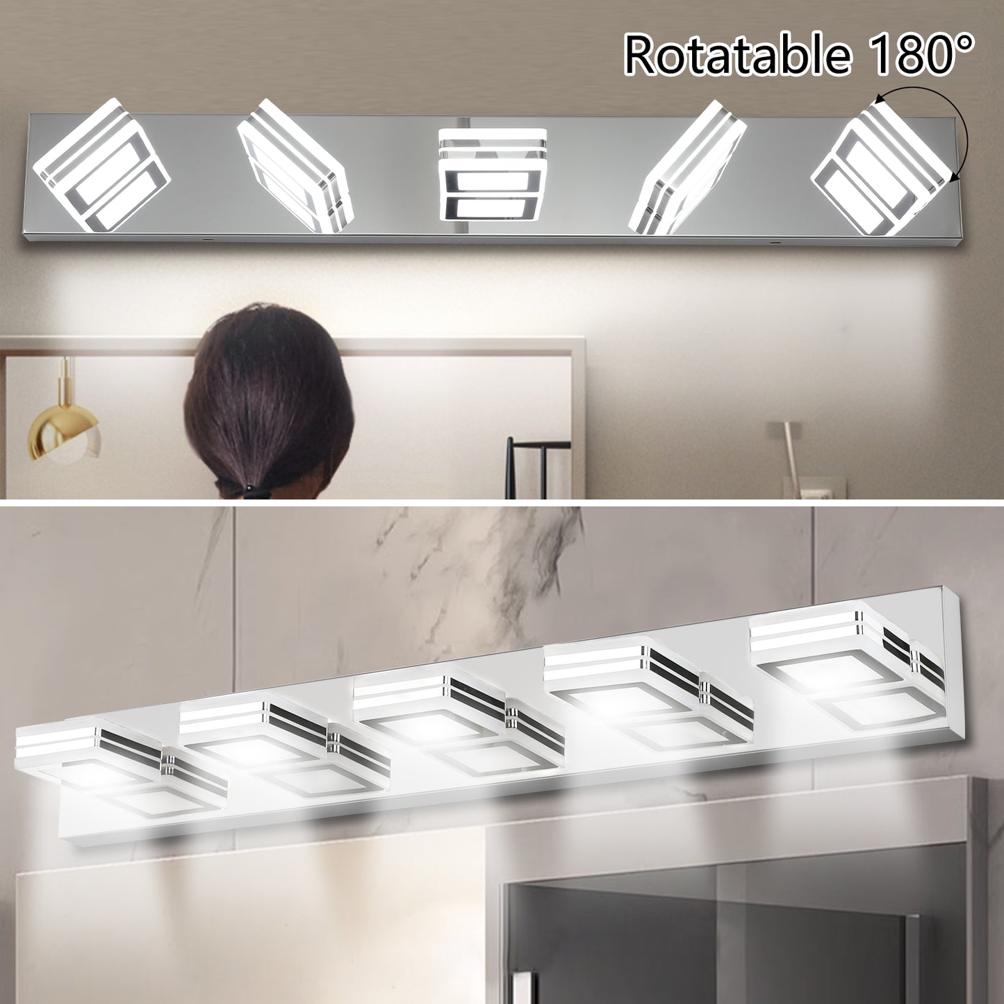 32in  Modern Chrome 5-Light LED Vanity Light, Square Acrylic Lampshades Wall Mount Fixture For Bathroom, Mirror Lighting