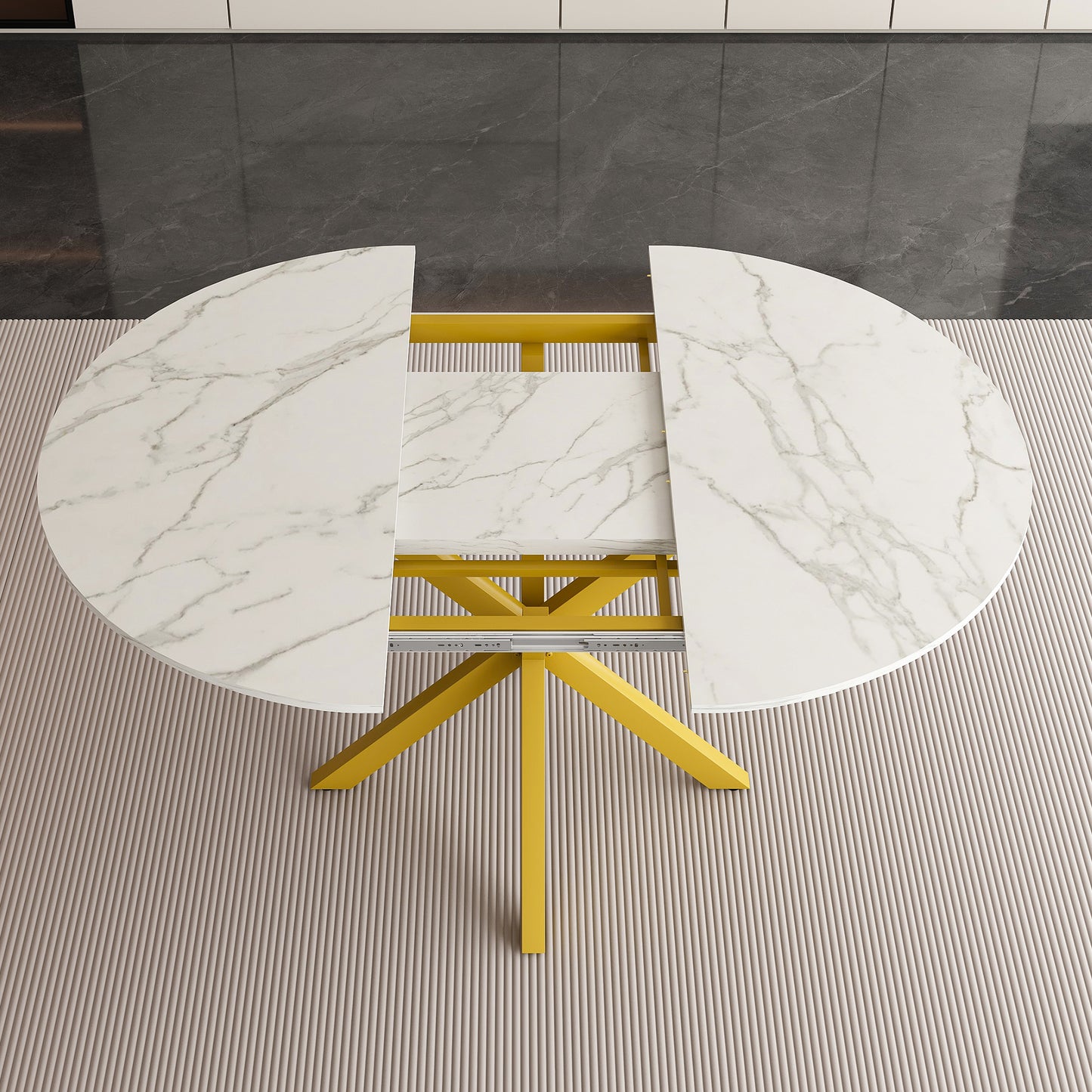 Modern And Simple Round Dining Table With Extendable Blades  Carbon Steel X-shaped Base  Sturdy And Durable  Suitable For Restaurants  Small Apartments And Kitchens  Can Accommodate 4-6 People
