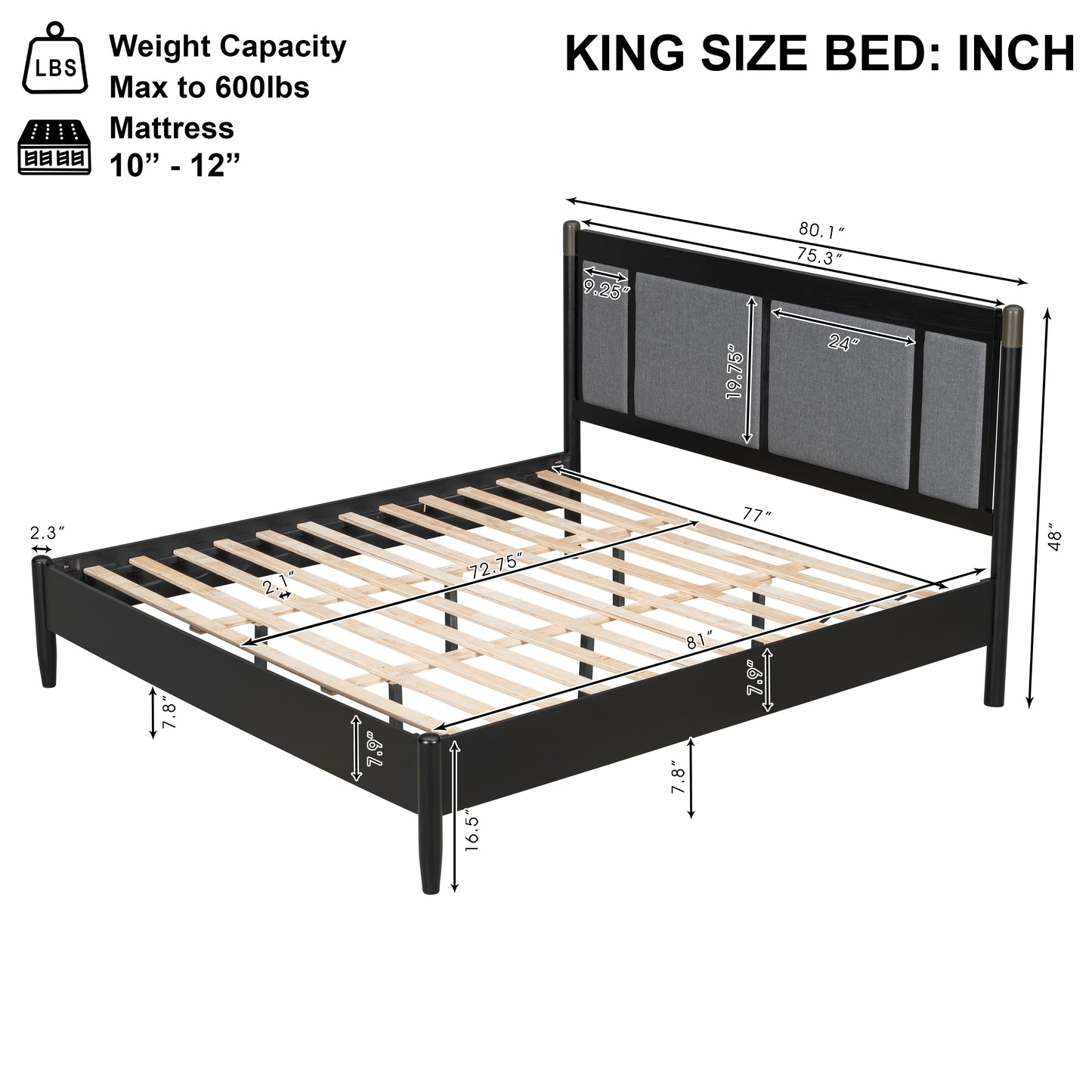 Solid Wood King Bed, Heavy Duty 600 Lbs Support, No Box Spring Needed, Black Upholstered Headboard With Metal Handles