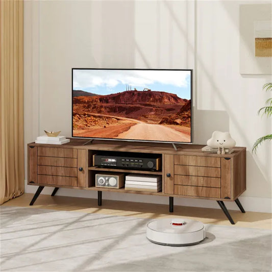 Oak Mid-Century Modern TV Stand For 65-Inch TVs, 210 Lbs Capacity Media Console With Storage Cabinets & Cable Management