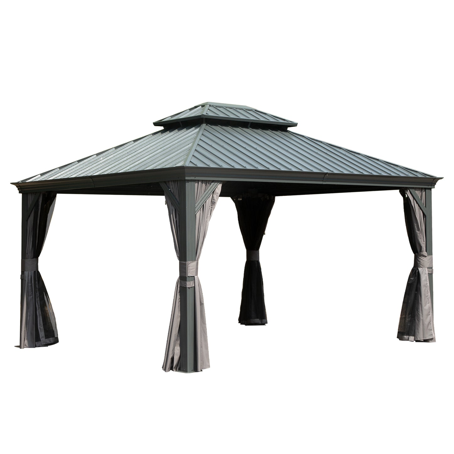 10  X 14  Hardtop Gazebo Permanent Outdoor Gazebo With Galvanized Steel Double Roof, Aluminum Frame, Curtains And Netting For Patio Lawn And Garden, Gray