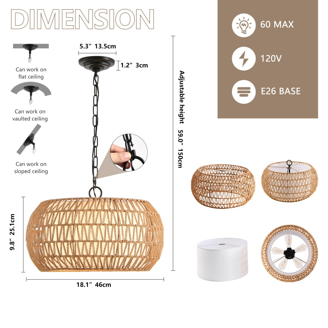 18   Farmhouse Pendant Light With Adjustable Height, Boho Woven Jute Rope Hanging Ceiling Light Fixture, E26 Base, 60W Max, Compatible With Flat, Vaulted, And Sloped Ceil   Bulb Not Included