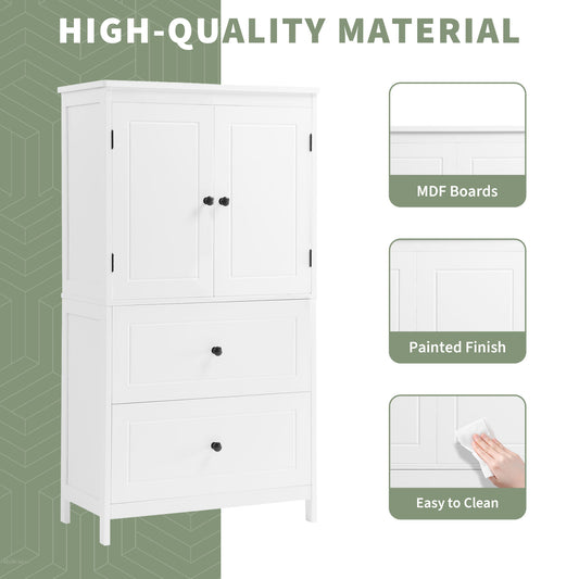 Bathroom Storage Cabinet, Cabinet With Two Doors And Drawers, Adjustable Shelf, MDF Board, White