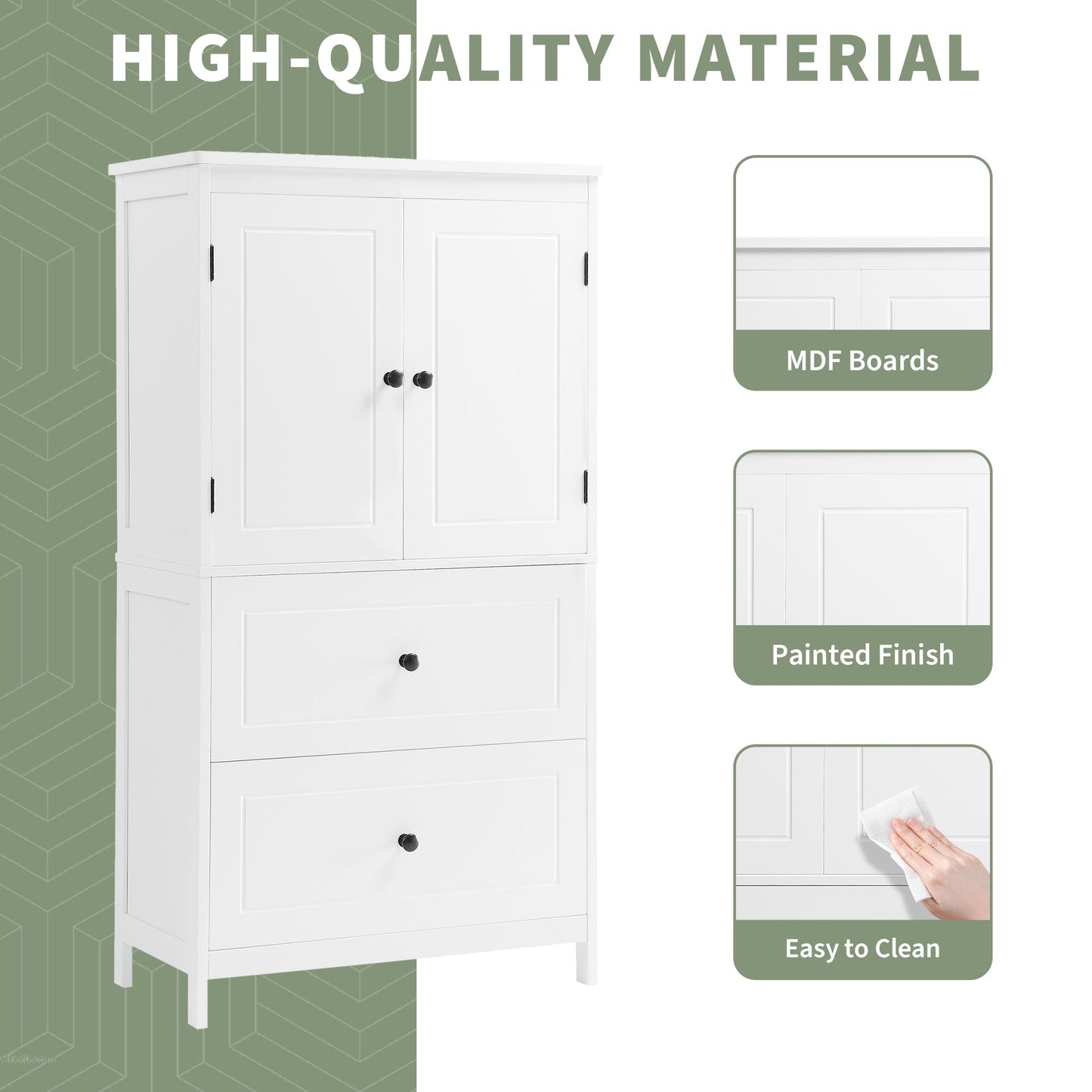 Bathroom Storage Cabinet, Cabinet With Two Doors And Drawers, Adjustable Shelf, MDF Board, White