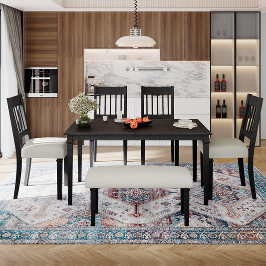 6-Piece Retro Dining Room Set, Classic Kitchen Furniture Set, Wooden Rectangular Table And 4 Chairs With Bench For Kitchen & Dining Room, Easy Assembly, Space Saving, DOVETAIL GREY  N752S000031