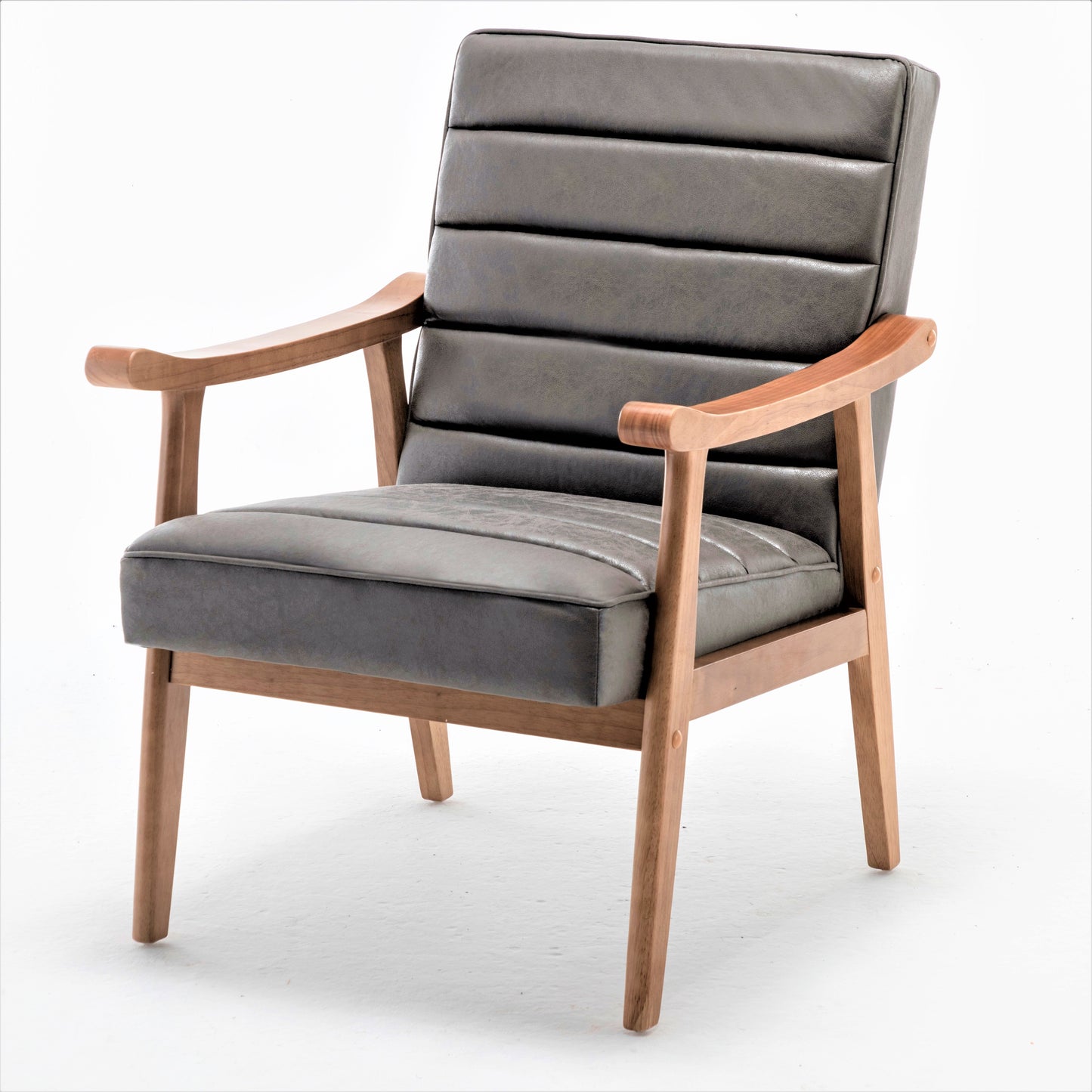 Mid-Century Modern Accent Chair, Solid Wood Frame Leather Look Microfiber Armchair With Open-Framed Arm Design, Plush Padded Seat And Back Cushion For Living Room Bedroom