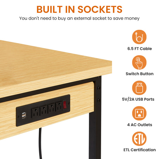 48  Adjustable Workbench With Pegboard, Heavy Duty Wooden Desktop Workbench With Wheels, 1600 Lb. Load Capacity, Rolling Workbench With AC USB Outlet, Hooks, Shelf, For Garage, Workshop, Office, Home.