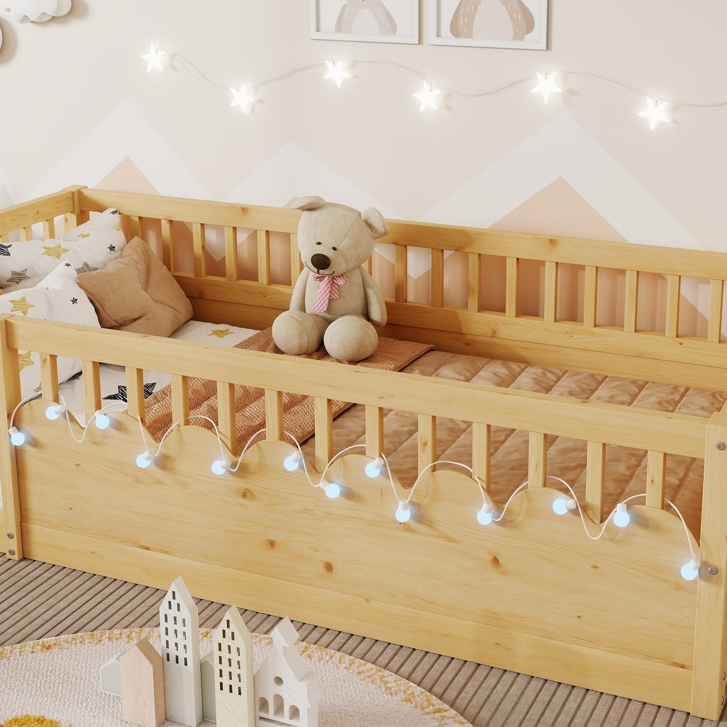 Twin Montessori Floor Bed Frame With High Rails, Wood Kids Floor Beds With Light And Storage Shelf, Natural Expect Arrival Date 2025 8 15