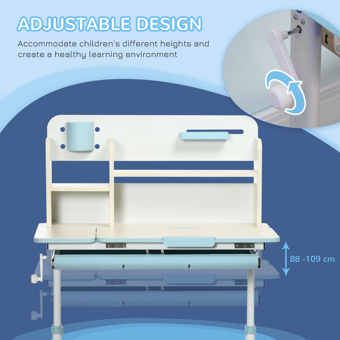 Wooden Kids Study Desk, Height Adjustable Children School Study Table, Student Writing Desk With Tilt Desktop, Drawer, Storage Shelf, Pen Holder, Blue
