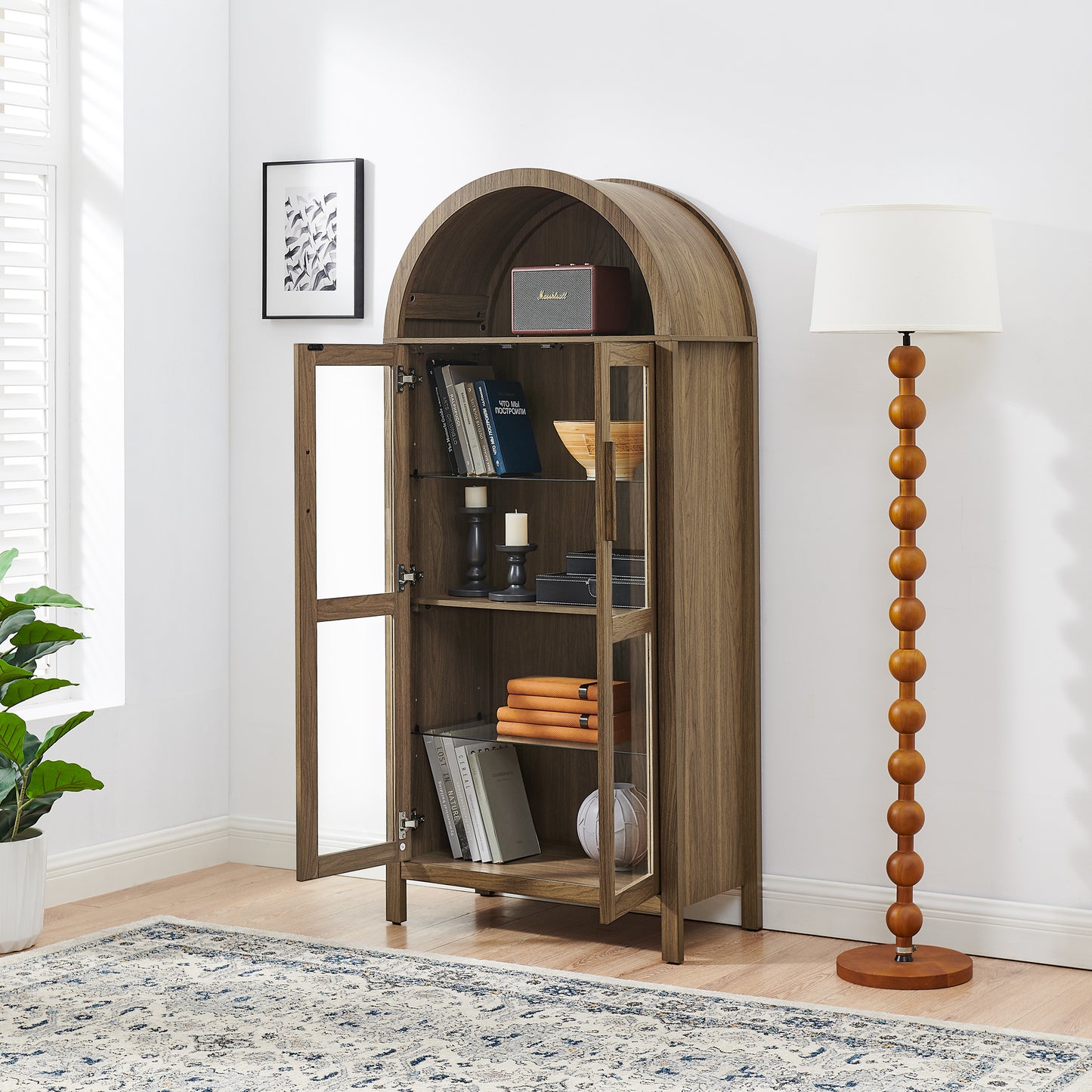 A High Arched Storage Cabinet With A Lamp, A Modern Retro-style Wooden Storage Cabinet With Adjustable Glass Partitions, Suitable For Use As A Multi-functional Cabinet In Kitchens-Brown