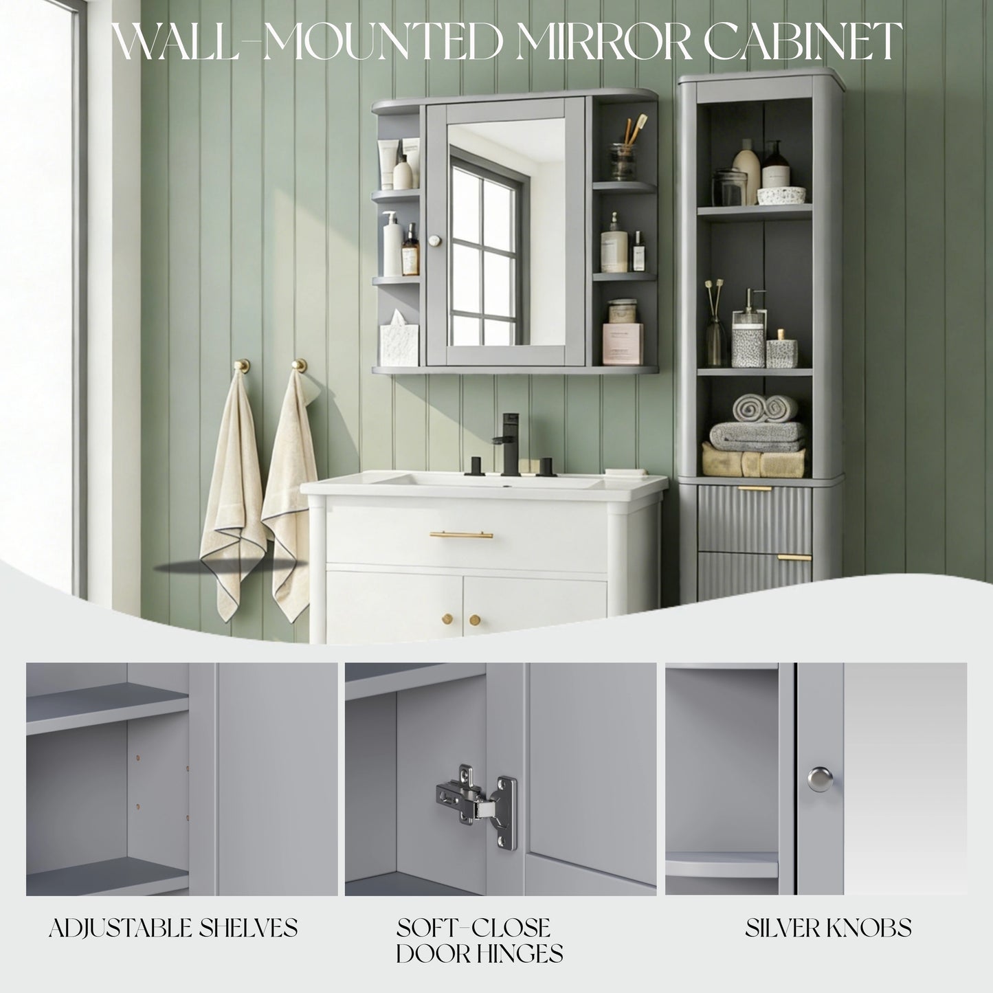 Bathroom Wall Storage Cabinet With Mirror, Medicine Cabinet With Adjustable Wood Shelf & Doors, Mounted Storage Cabinets With 6 Open Shelves, Gray