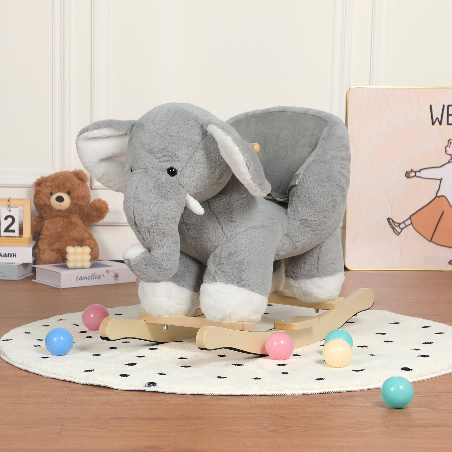 Kids Ride-On Rocking Horse Toy With Elephant Sounds ,Elephant Rocking Toy With Hand Puppets And Safety Belt For Children 1-3 Years,Soft Plush Fabric,Grey,CPC Certified