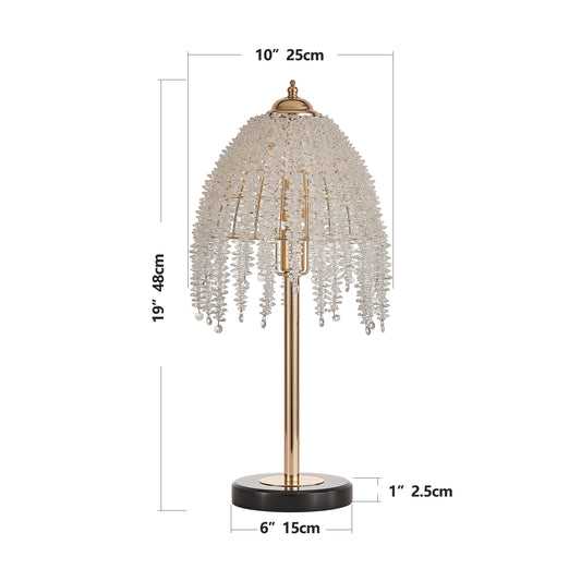 19 H Elegant Crystal Table Lamp   Vintage Waterfall Design With Crystal Bead String Shades And Marble Textured Base For Living Room, Bedroom, Or Office  Bulb Not Included