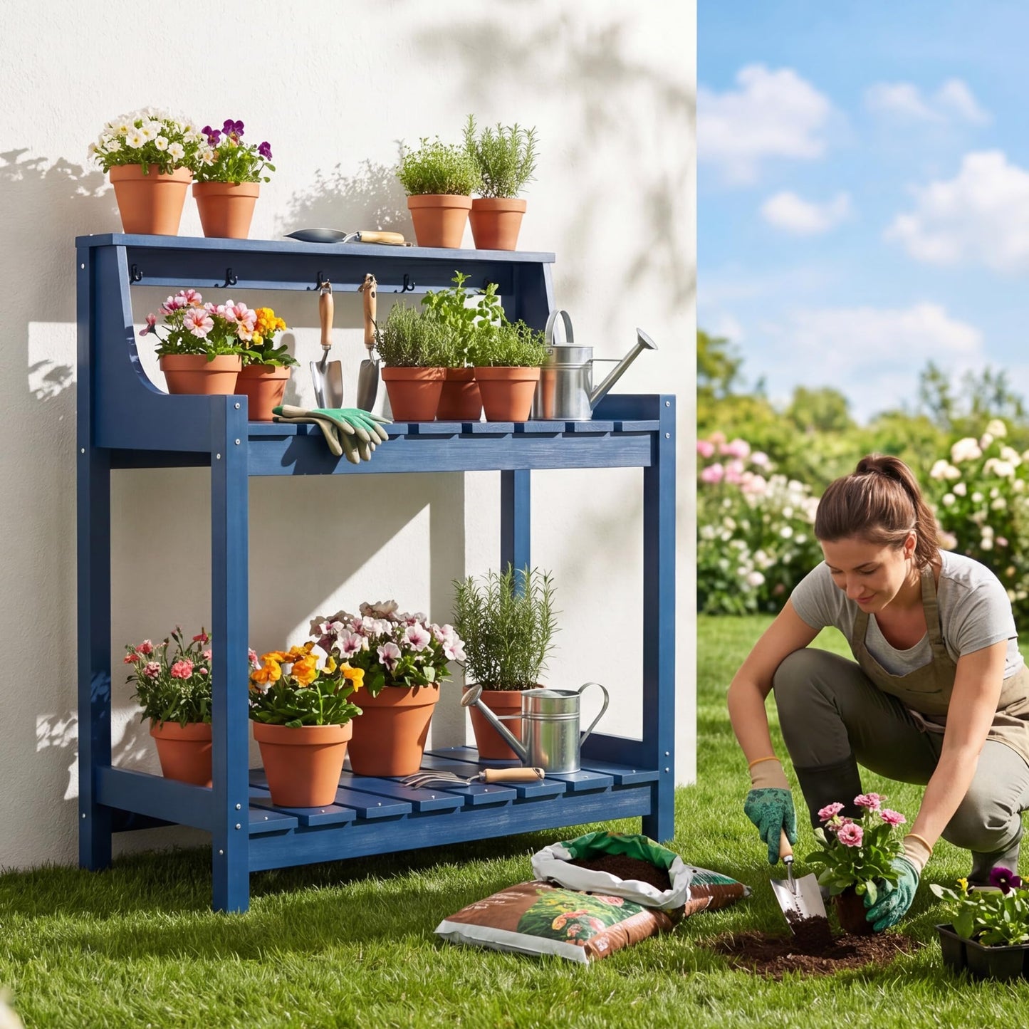 Potting Benches For Outside, HDPE Garden Potting Table All Weather, Outdoor Potting Table With Storage For Patio, Backyard, Garden, Blue
