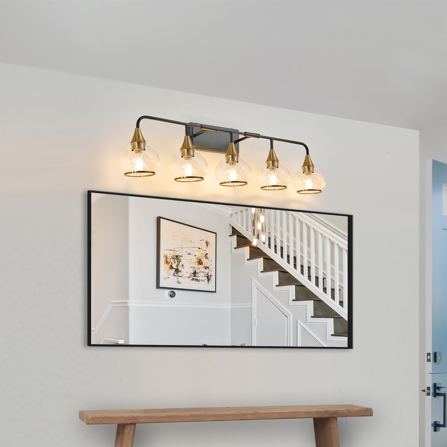 40in Modern 5-Light Vanity Wall Sconce - Black And Gold Bathroom Light Fixture With Clear Glass Shades, Industrial Wall Mounted Lamp For Mirror, Vanity, And Living Spaces  Bulb Not Included
