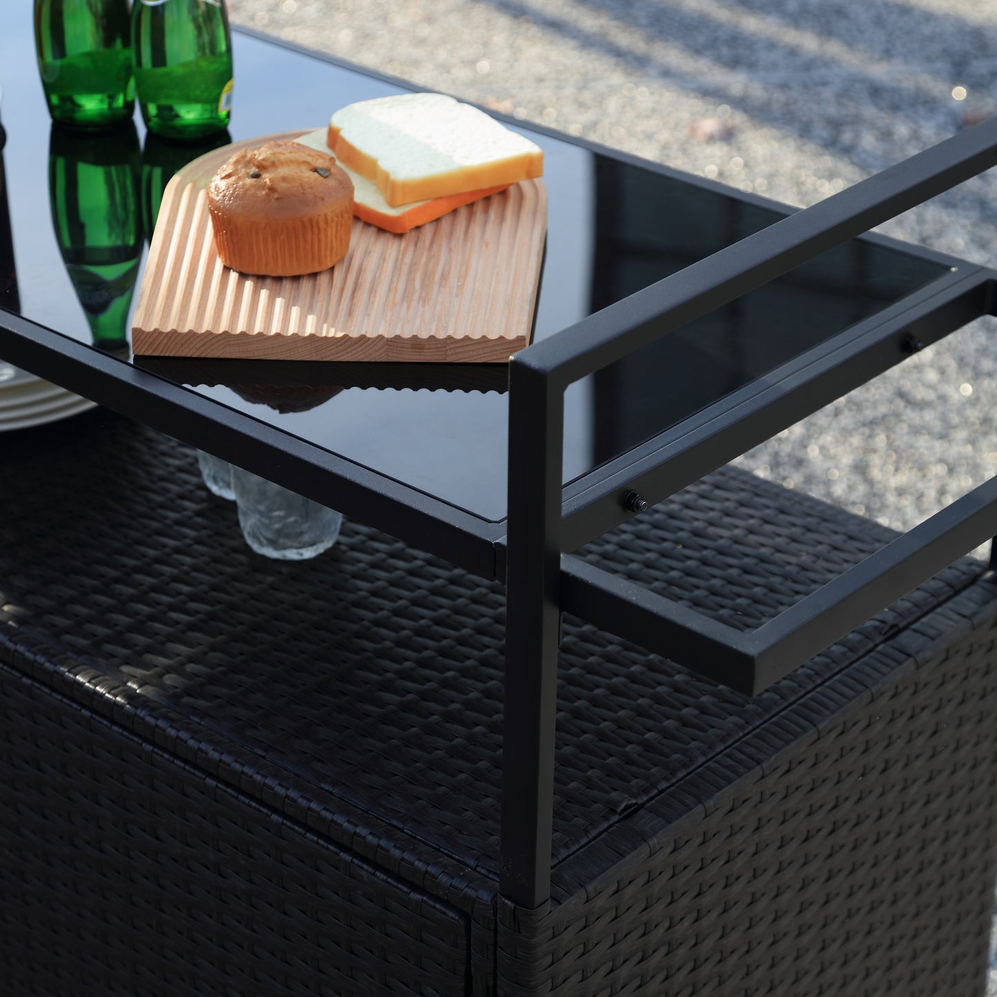 Outdoor Wicker Bar Cart, Patio Wine Serving Cart W Wheels, Rolling Rattan Beverage Bar Counter Table W Glass Top For Porch Backyard Garden Poolside Party, Black