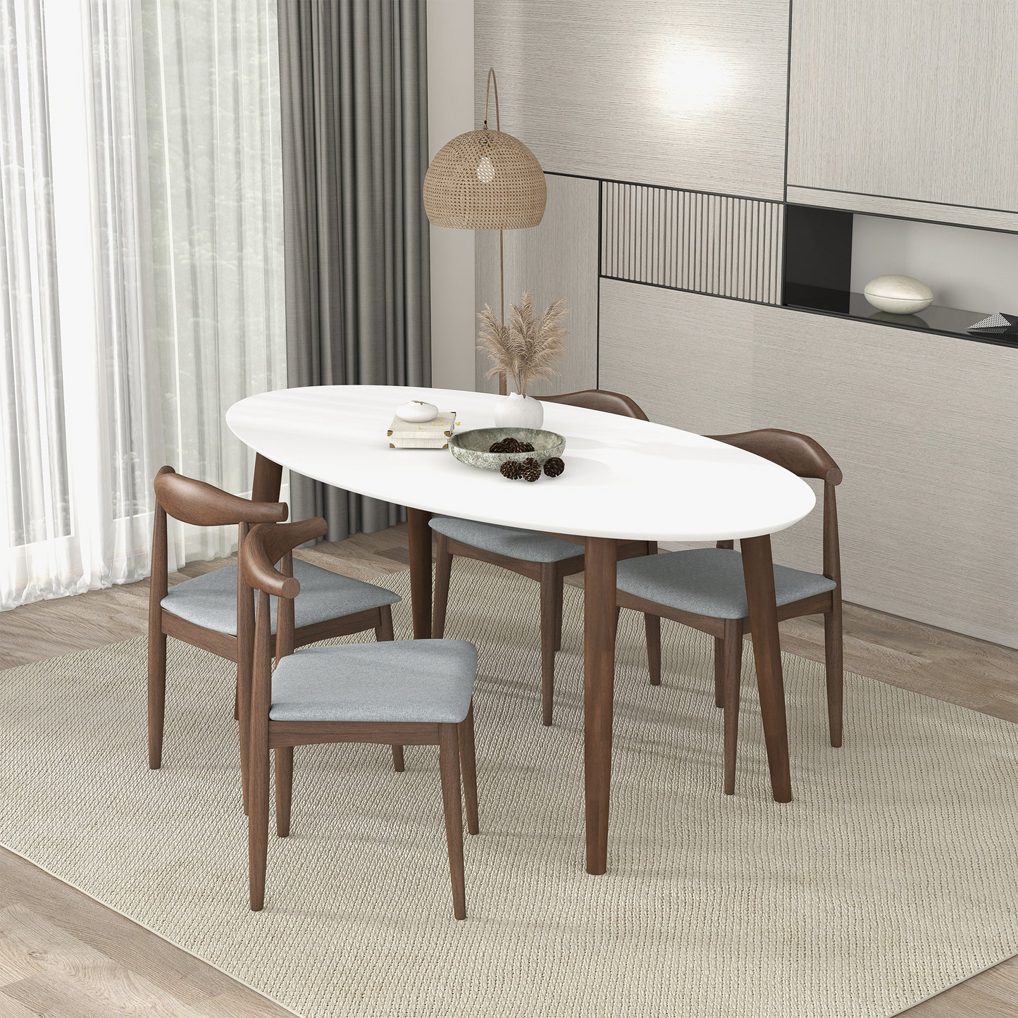Ada Mid Century Modern Style Solid Wood White Top Oval Dining Table And 4 Side Chairs