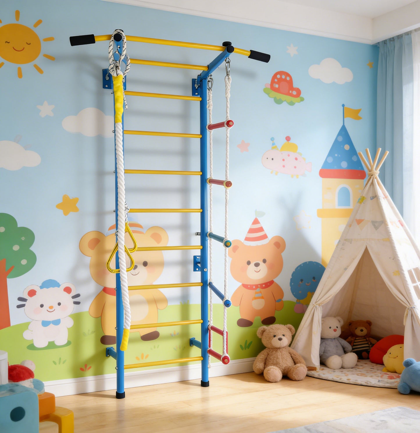 5 In 1 Playset Laddeer Wall Gym  With Rope Ladder, Pull-up Bar, Wall Ladder, Rope, And Gymnastic Rings