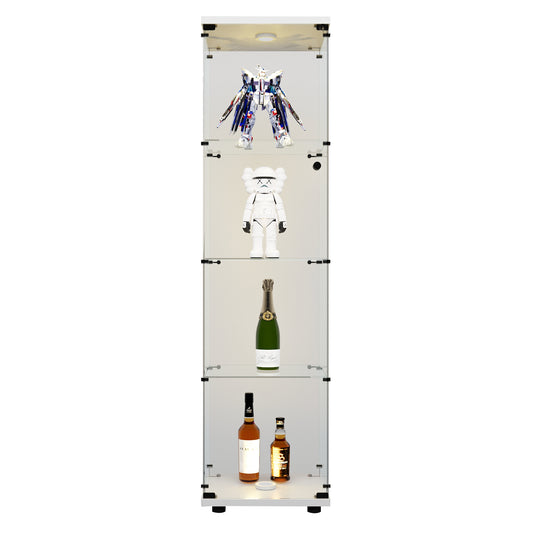 LED Lights Glass Display Cabinet 4 Shelves With Door, Floor Standing Curio Bookshelf For Living Room Bedroom Office, 64.7 X16.7 X14.3   White