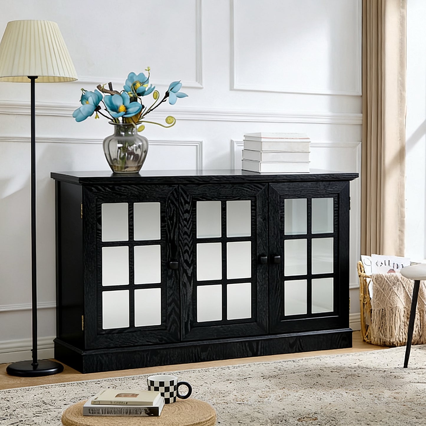 45 W Storage Cabinet With 3 Mirrored Acrylic Doors, Sideboard With Adjustable Shelves For Living Room Dinning Room Kitchen, Black Decorative Laminates And MDF Substrate Buffet With Magnetic Door