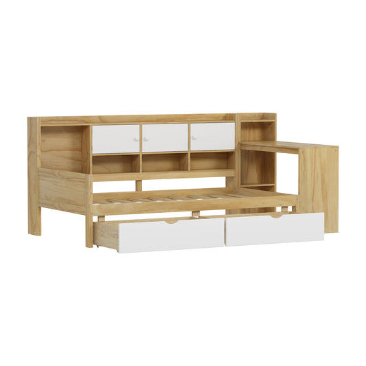 Wooden L-Shape Daybed With Seven Storage Cabinets And Two Storage Drawers, Multi-functional Bed With Study Desk And Built-in Bookshelf, Natural White