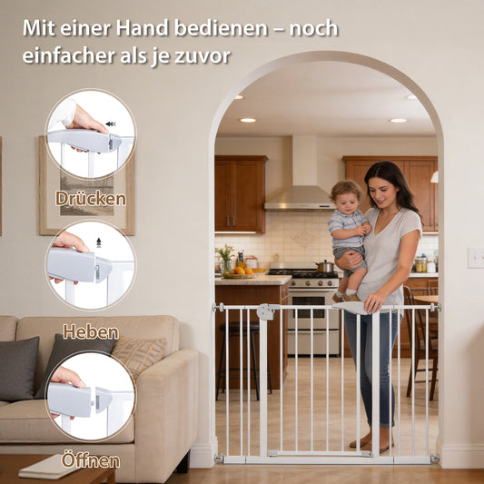 Double Door Baby Safe Gate For Stairs & Doorways,adjustable 75-115 Cm 29.53'-45.3,walk Through Safety Gate With Extension Kits,auto Close,pressure Mounted,white Metal Child & Pet Gate