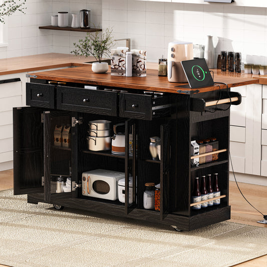 K&K 53  Farmhouse Kitchen Island With Two Tempered Glass Cabinet Doors, Power Outlet, Rolling Kitchen Cart On Wheels With Drop Leaf, 5 Open Side Racks, 3 Drawers, For Kitchen, Dining Room, Black