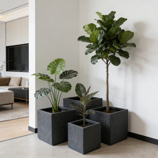 Large Outdoor Indoor Planter, 16.9-14.37-11.6 -9.25  Dia Square Magnesium Oxide Planter Set Of 4, Flower Pots With Drainage Holes,  Modern Design, Grey Color Planter For Home Garden Patio