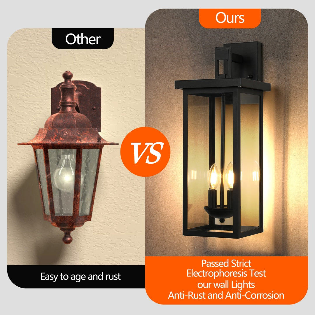 2-Pack 22.0  Outdoor Wall Lantern With Dusk To Dawn Sensor, Matte Black Finish, Clear Glass Panels, Weatherproof Exterior Light For Porch, Patio, Garage, 2-Light Design -Bulb Not Included