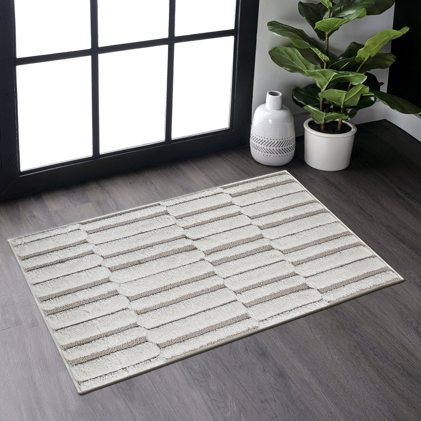 Step Collection High-Low Striped Beige Cream Indoor Area Rug, 2'x3', Modern, Contemporary, Geometric, Bohemian, Bedroom, Kitchen, Living Room, Doormat, Non Shedding Carpet