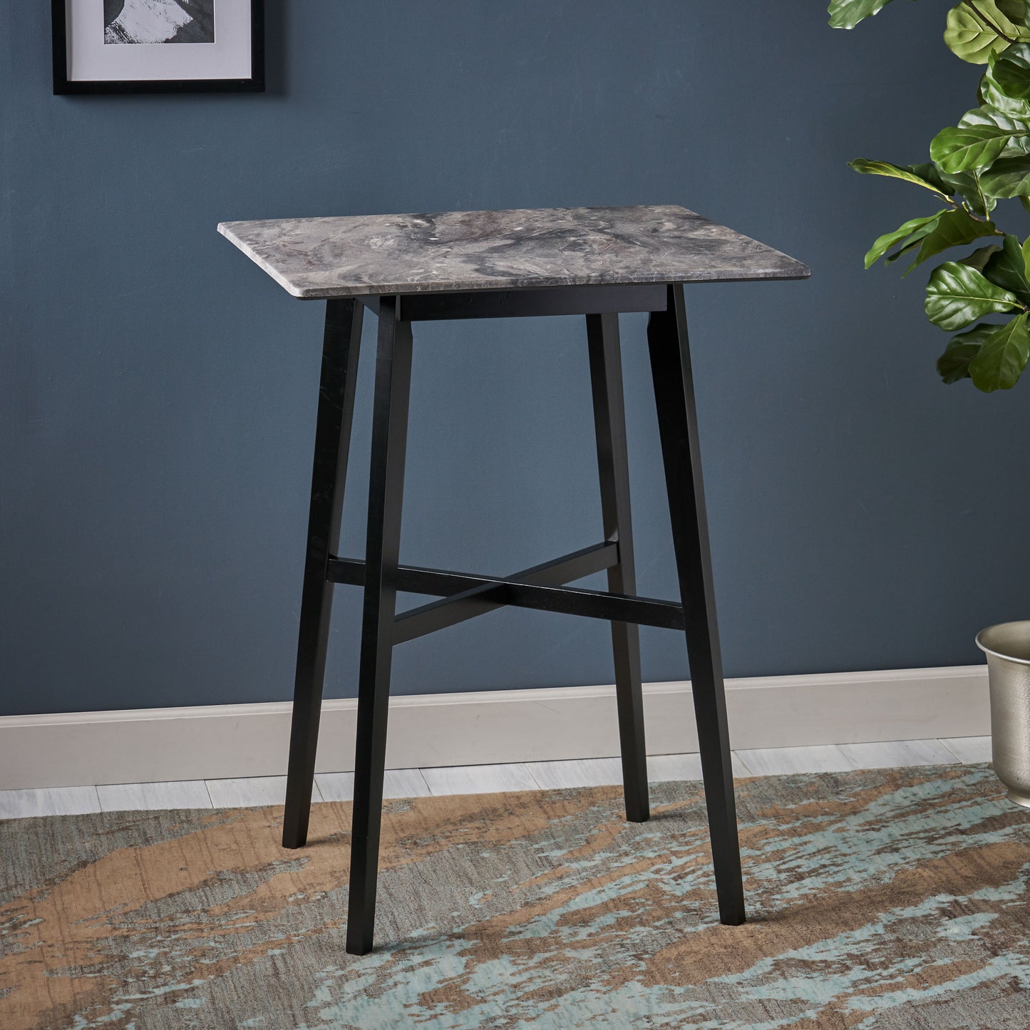 Modern Bar Height 42 Dining Table, Rubberwood Legs And Laminate Table Top, Paladina Marble Finish, Black
