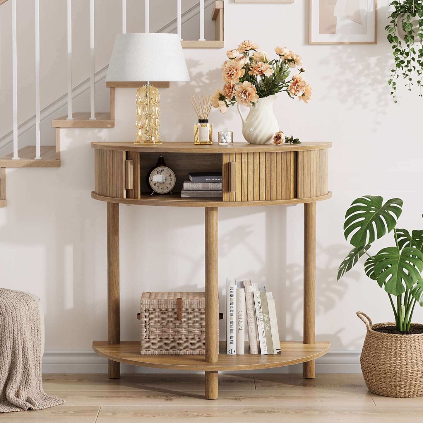 31.5-Inch Grooved Half-Moon Console Table, Farmhouse Sofa Table Behind Couch, Modern Entryway Table, Decorative Table For Living Room, Hallway, Entryway Or Foyer Narrow Entry, Walnut