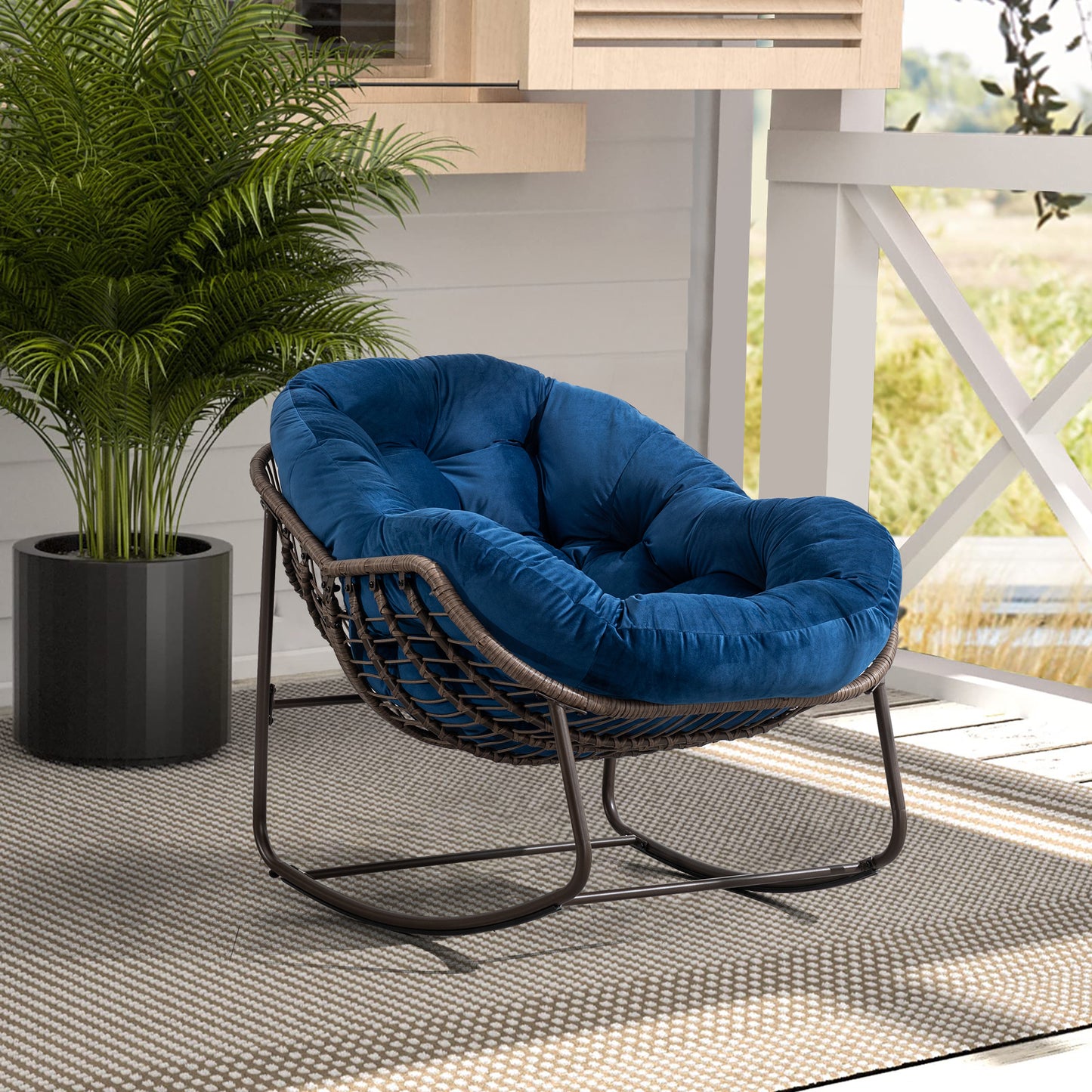 Outdoor Rattan Rocking Chair,Padded Cushion Rocker Recliner Chair Outdoor For Front Porch, Living Room, Patio, Garden, Navy Blue