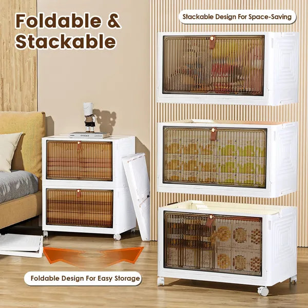 Total 76QT 4-Tier Foldable Storage Bins With Lid Front Magnetic Door Collapsible Stackable Closet Organizer Containers With 4Pcs 360' Rotatable Wheels