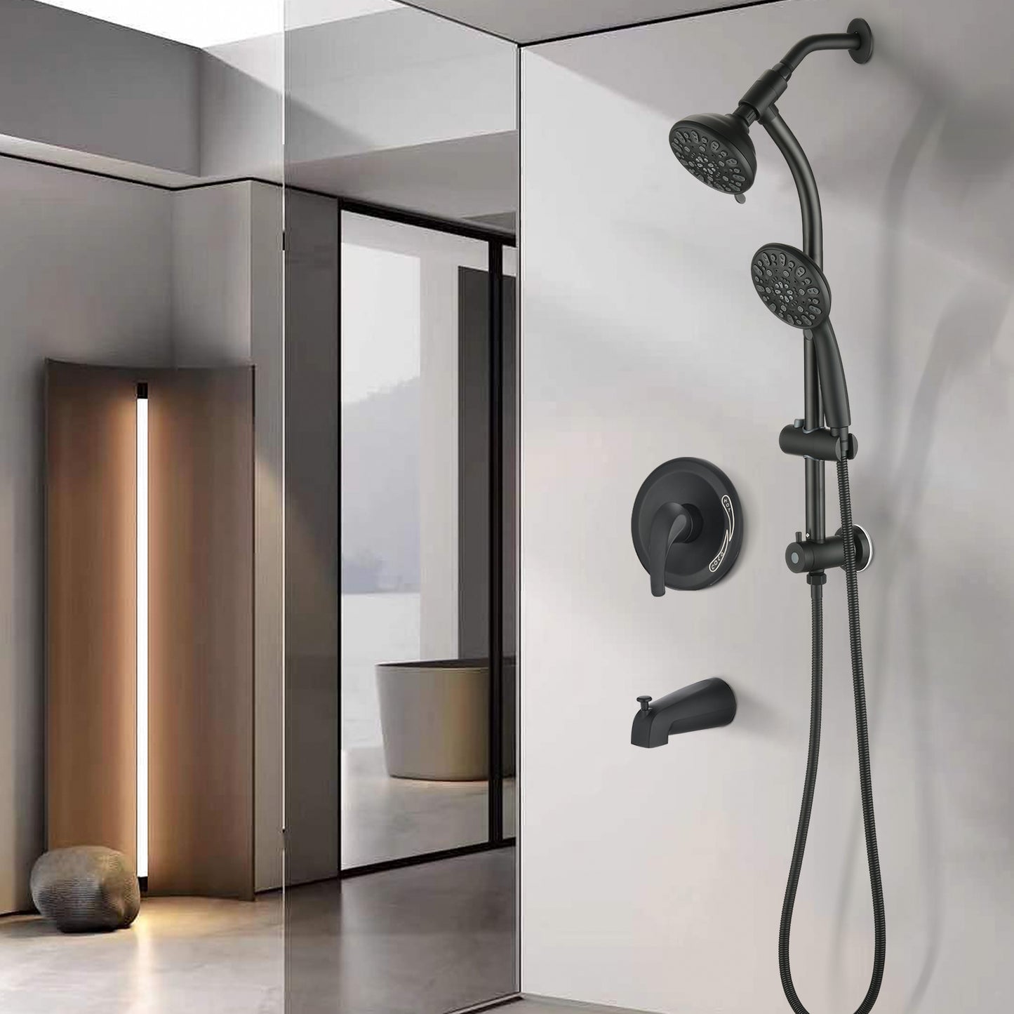 Drill-Free Stainless Steel Slide Bar Combo Rain Showerhead 7-Setting Hand, Dual Shower Head Spa System With Tup Spout  Rough-in Valve Included