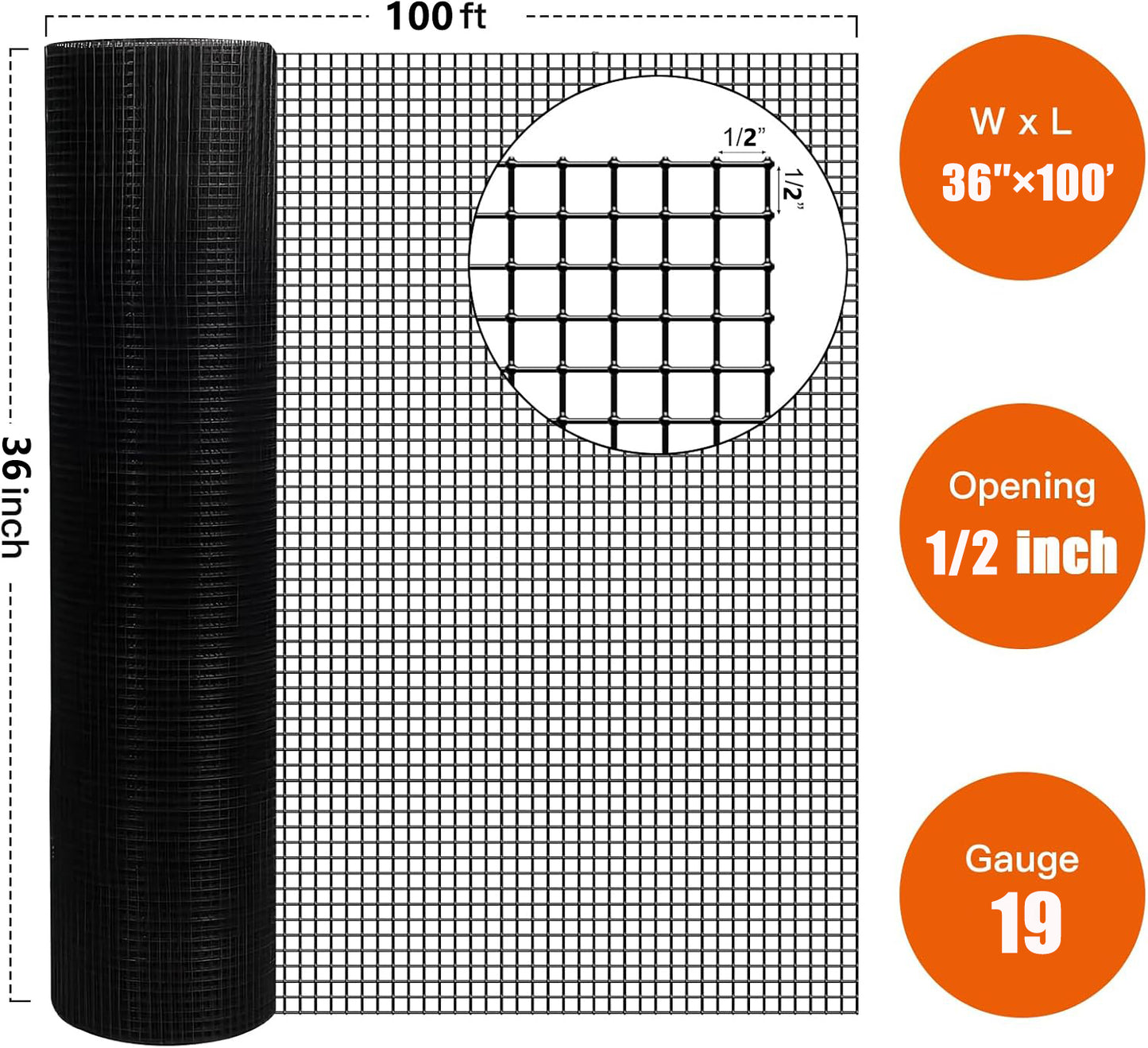 36 Inchx100 Ft Black Vinyl Coated Hardware Cloth, 19 Gauge 1-2 Inch Black PVC Hardware Cloth, Black Welded Wire Fence Supports Poultry-Netting Cage-Home Improvement And Chicken Coop