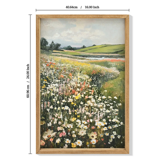 Framed Canvas Prints Art Vintage Decor, Classical Wildflower Field Meadow Flowers Painting, Rustic Landscape Large Wall Art For Living Room Bedroom Home Bathroom Wall Decor, 16x24inch