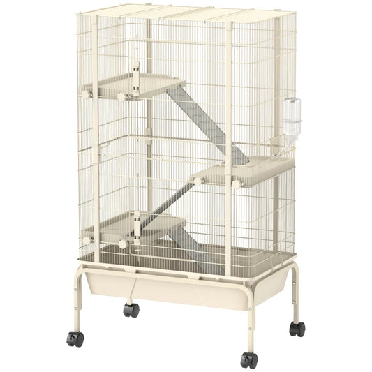 47inch Small Animal Cage, 4 Levels Large Rolling Metal Ferret Cage W 5.9Deep Tray, Ramps, Water Bottle, Food Dish, Beige
