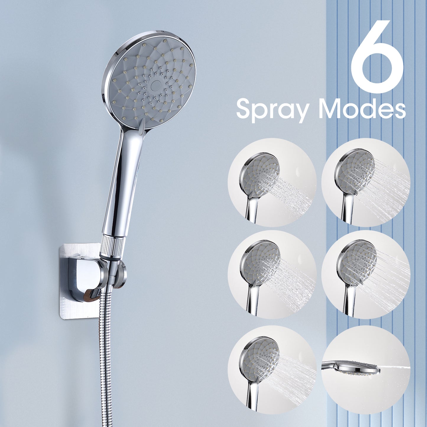 Chrome Shower Head, 10 Inch High Pressure Rainfall Shower Head Handheld Shower Combo With 11 Inch Extension Arm, 6 Settings Adjustable Anti-leak Shower Head With Holder Hose, Height Angle Adjustable