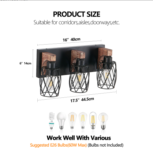 18inch Industrial Vintage 3-Light Wall Sconce - Black Cage Wall Lighting Fixture With Wooden Accents For Bathroom, Hallway, Or Living Room Bulb Not Included