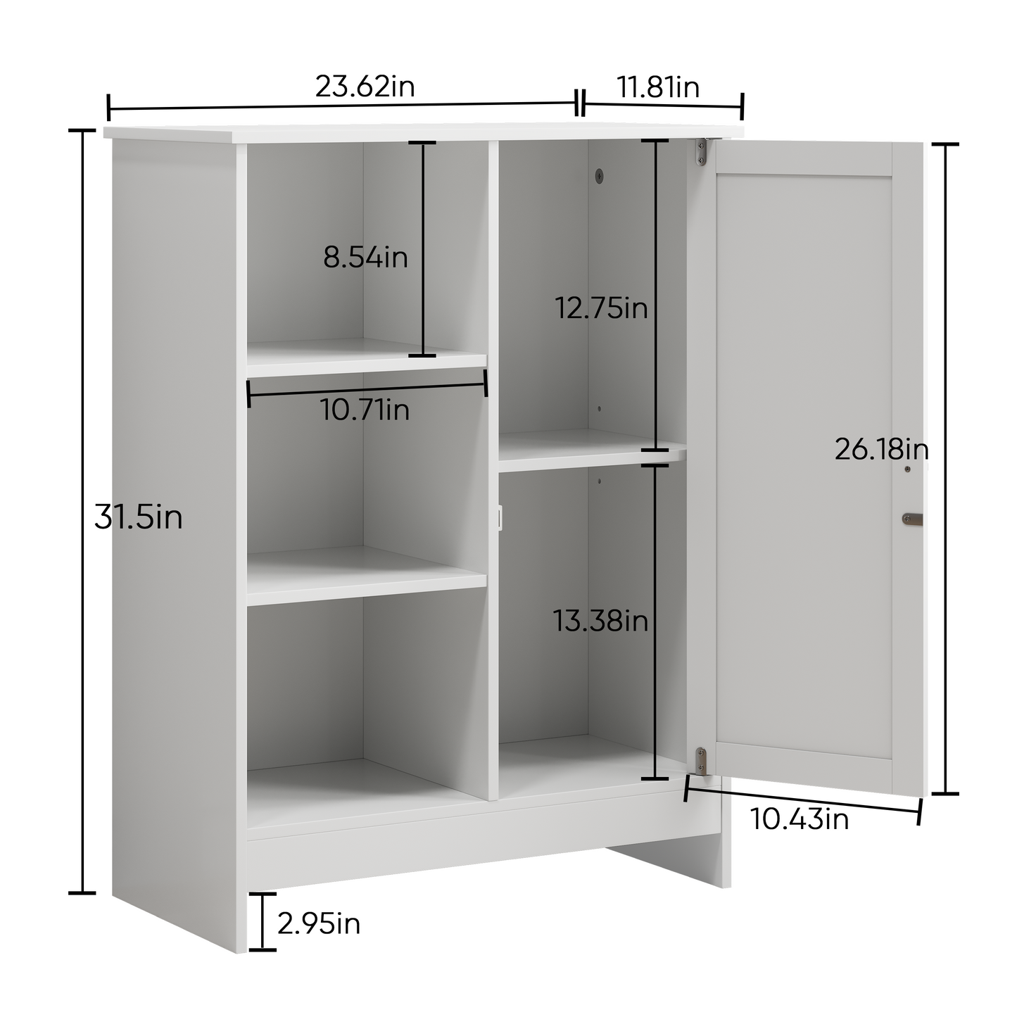 Bathroom Cabinet, Kitchen Freestanding Storage Rack, 23.62 X 11.81 X 31.5 Floor Storage Cabinet With 1 Cabinet, 3 Open Compartments, Adjustable Shelves, White