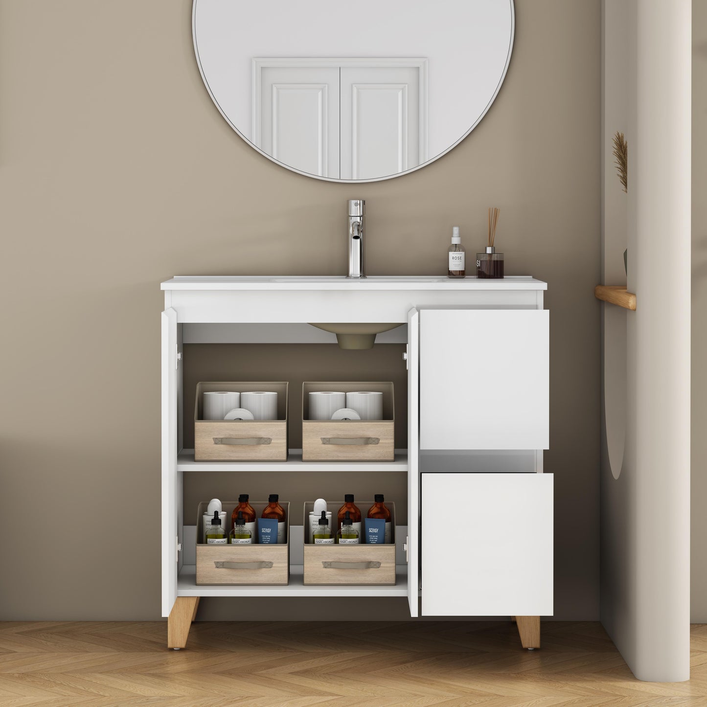 36-Inch Modern Bathroom Vanity With Sink Combo, 2 Doors And 2 Big Drawer, Soft-Clost System,Handle-Free Design,Natural Solid Wood Feet,Ceramic Basin,Ceramic Basin,Easy Assemble,Glossy White