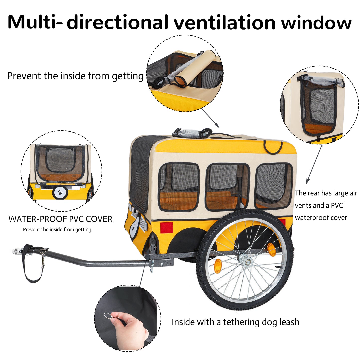 Large Folding Bike Trailer For Dogs - 20x2 1 8 Inches Wheels, Heavy-Duty Steel Frame, Spacious Design, All-Terrain Cycling, Jogging & Camping Adventure, Yellow