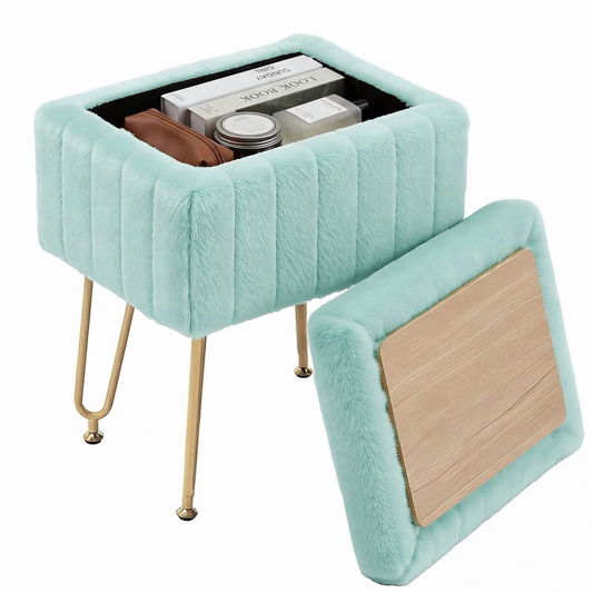 A Luxurious Seating Chair With Storage Function, A Small Oval Leather Imitation-fur Soft Cushioned Footstool, Equipped With 4 Metal Legs