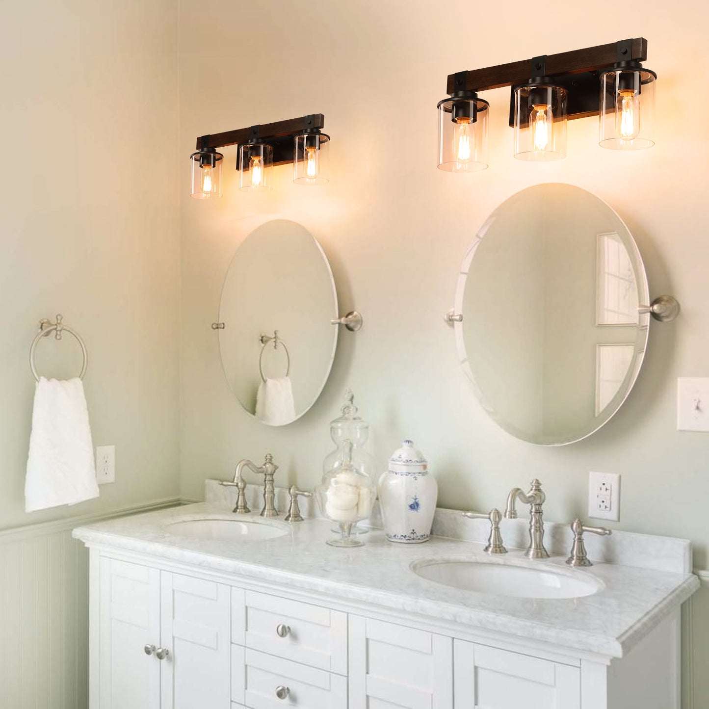 19in  Rustic 3-Light Vanity Light, Industrial Bathroom Wall Sconce With Glass Shades And Wood Accent, Modern Farmhouse Lighting Fixture  No Bulbs