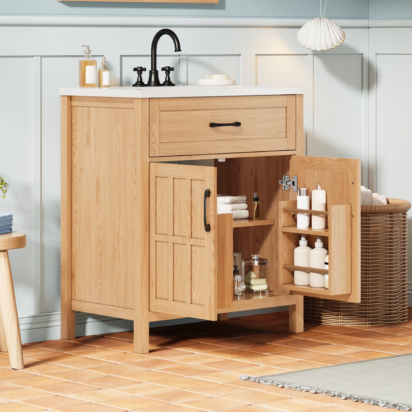 30   Bathroom Vanity With Resin Sink, Solid Wood Frame Bathroom Sink Cabinet With Adjustable Shelf, Cabinet Door Organizers, Natural Wood Grain