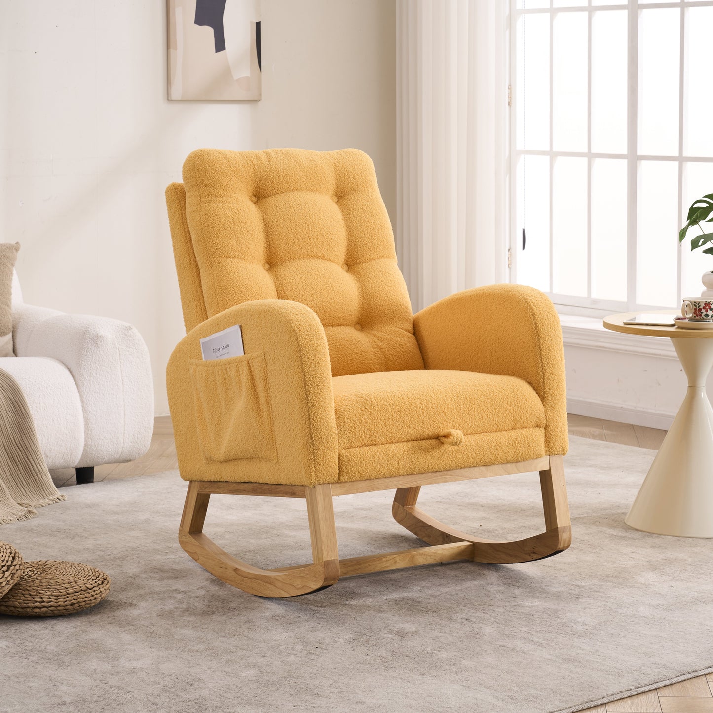 LY-5104 Yellow  Accent Rocking  Chair With  Footrest High Back Rubber Wood Rocking Legs Bedroom Living Space   26.77D X 38.36W X 39.76H Inch