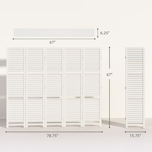 5 Panel 67" Tall Wood Privacy Screen Room Divider With 3 Shelves And Folding Storage For Bedroom, White